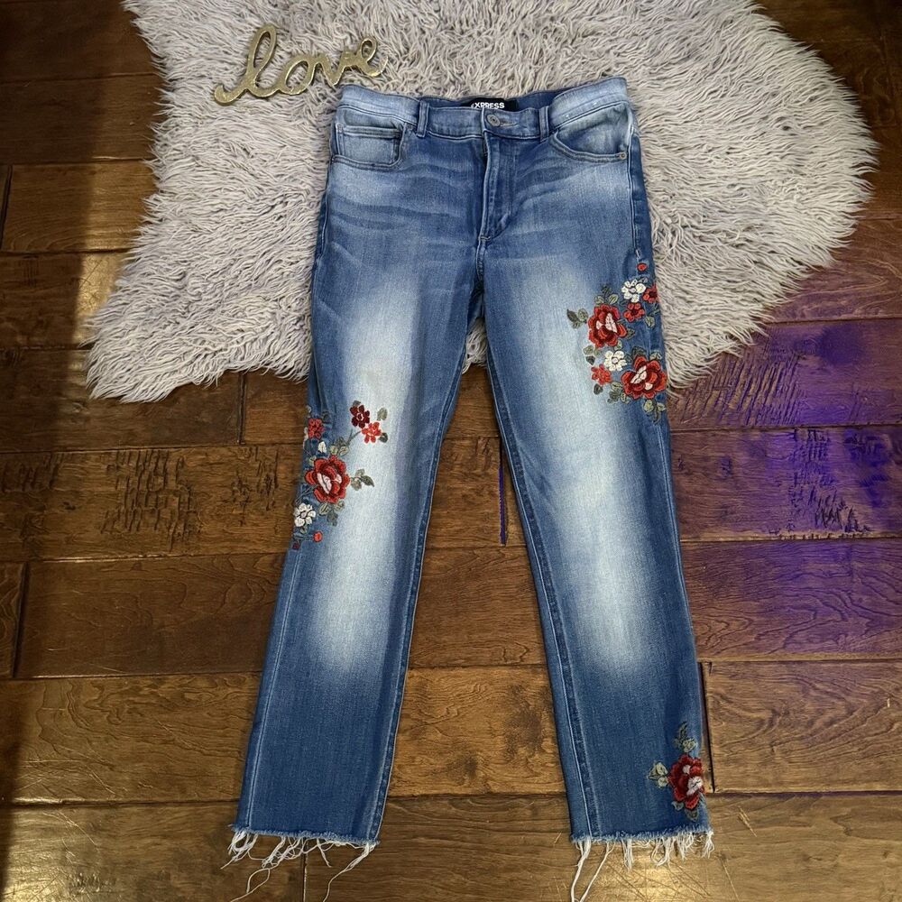 EXPRESS Embroidered Floral Legging High Rise Raw Hem Jeans Womens Size 4 Boho